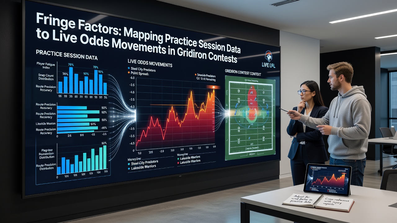 Analysts reviewing gridiron practice footage and correlating it with real-time odds shifts on betting terminals