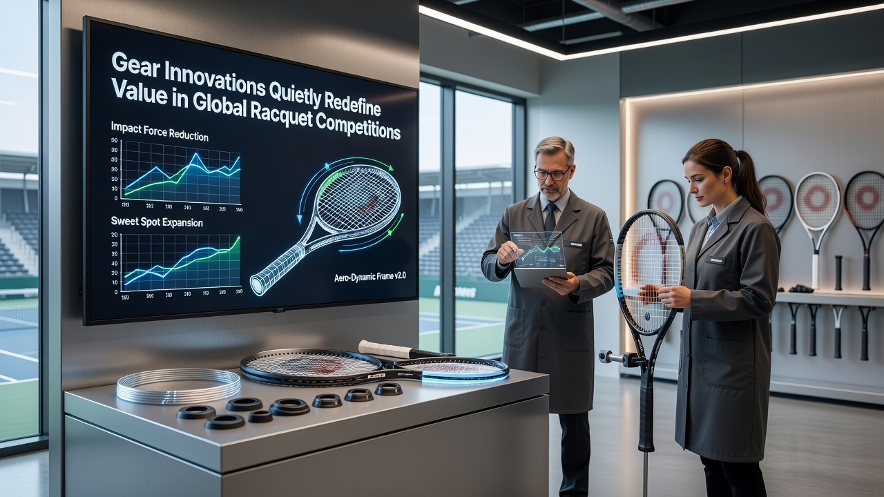 Advanced racquet frames and string technologies displayed in a professional testing facility for global competitions