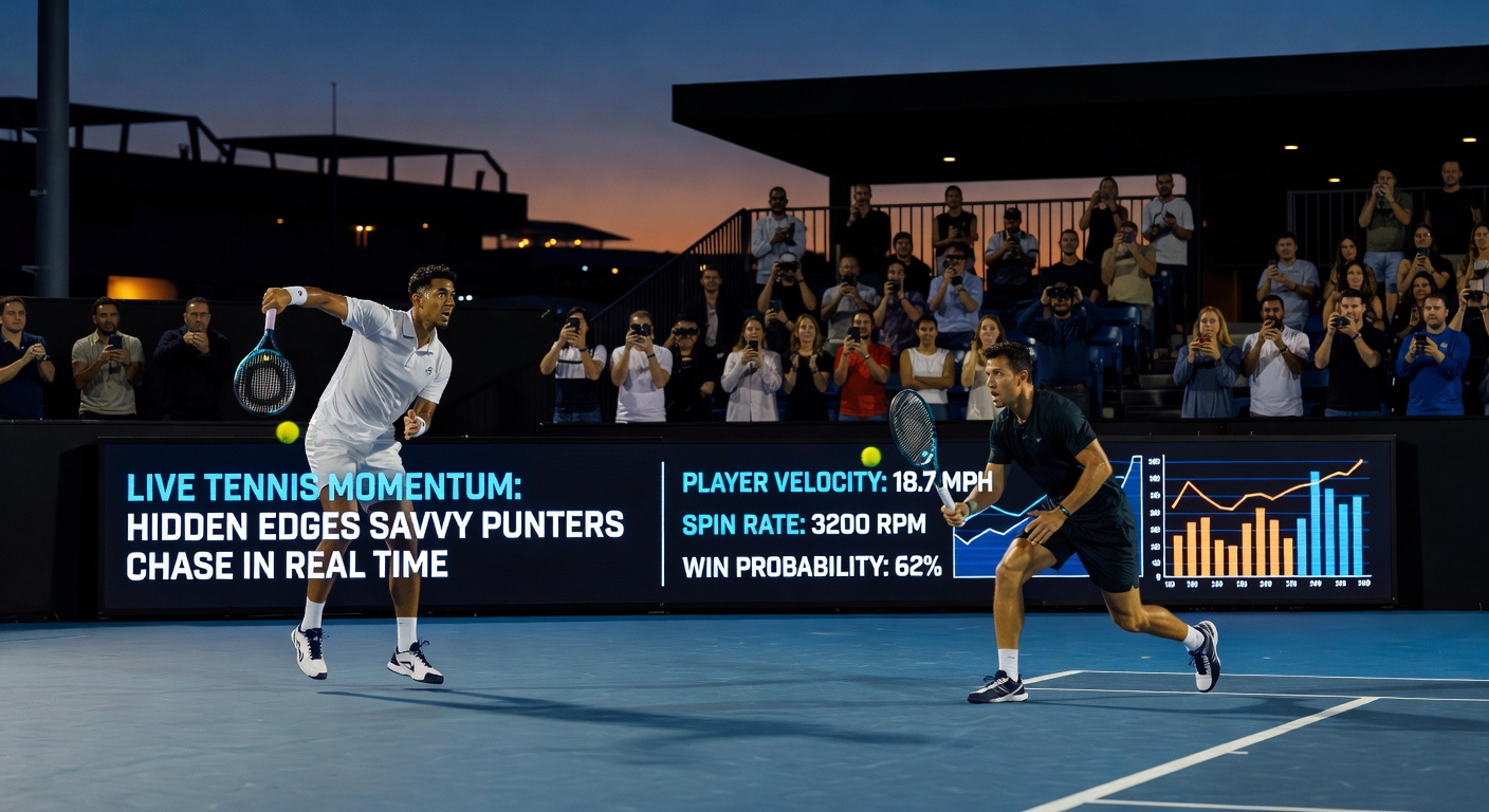 Digital dashboard displaying real-time tennis stats graph with momentum curve peaking during a service game break in a high-stakes ATP match