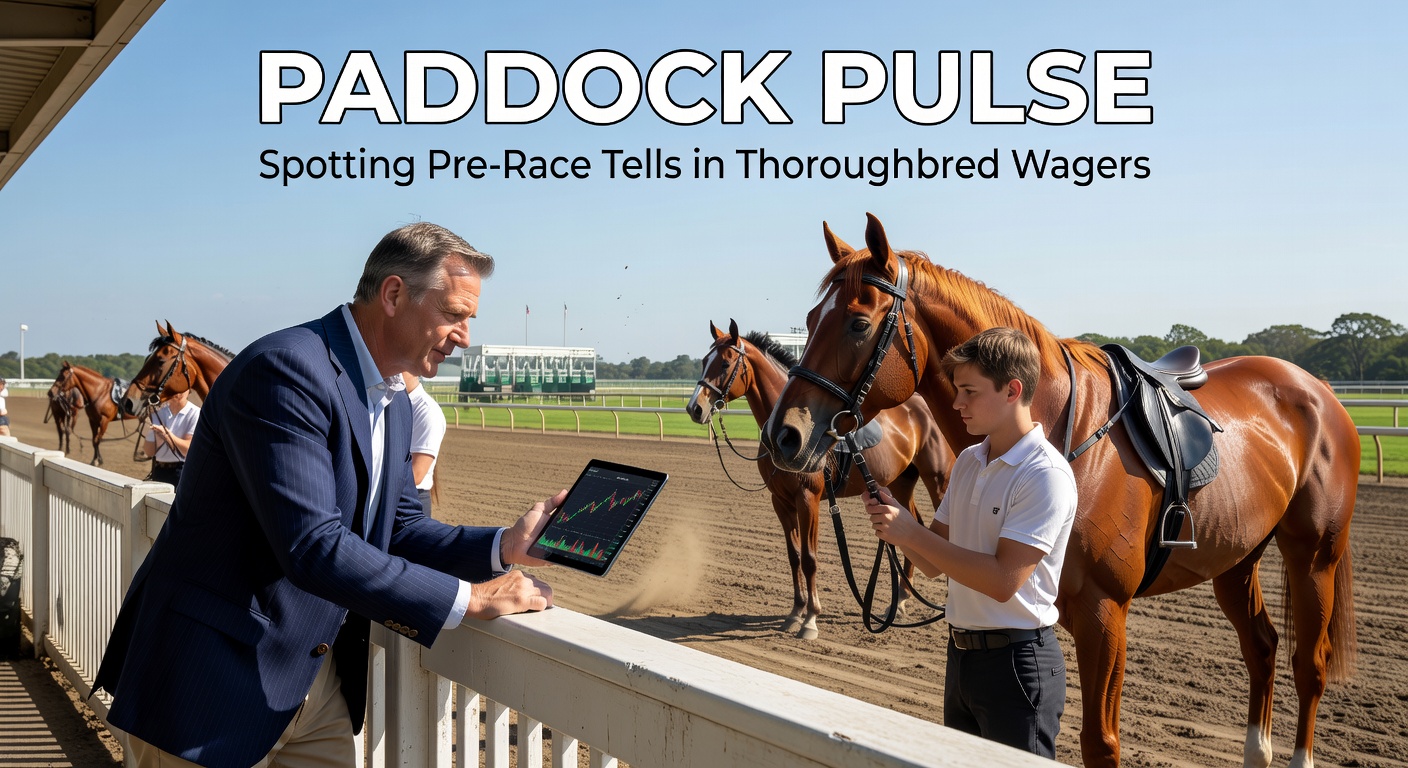 Thoroughbred horses parading in a sunny paddock before a major race, with trainers and observers noting subtle behaviors under the watchful eyes of bettors