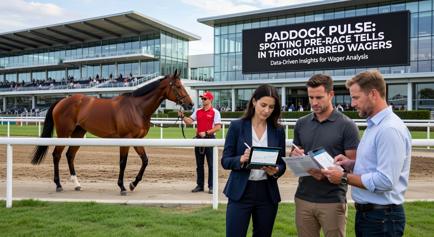 Close-up of a thoroughbred horse sweating lightly in the paddock, with a trainer wiping its neck while bettors observe from the rail