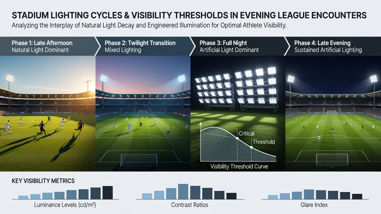 Close-up of stadium LED panels adjusting intensity levels during an evening match