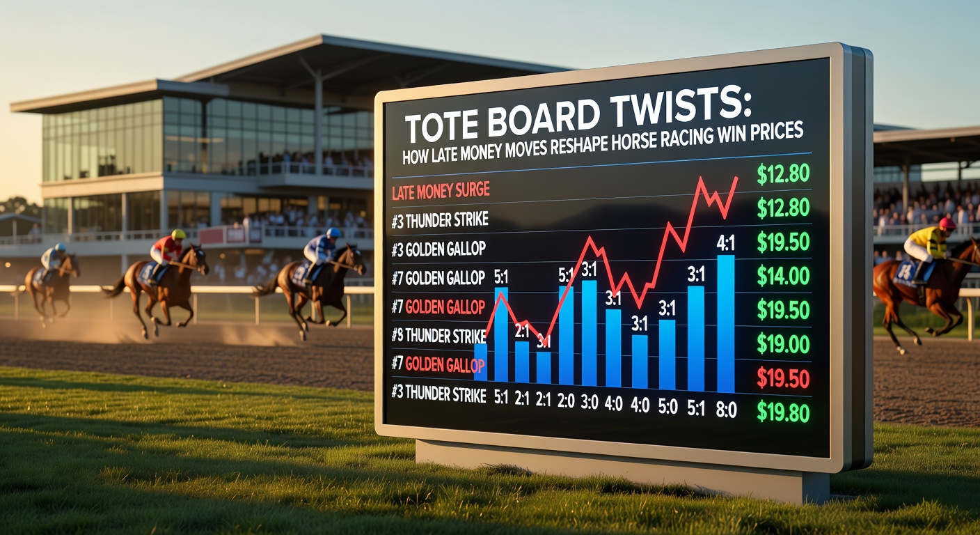 A vibrant tote board displaying shifting odds in a packed horse racing stadium, capturing the tension of late betting surges