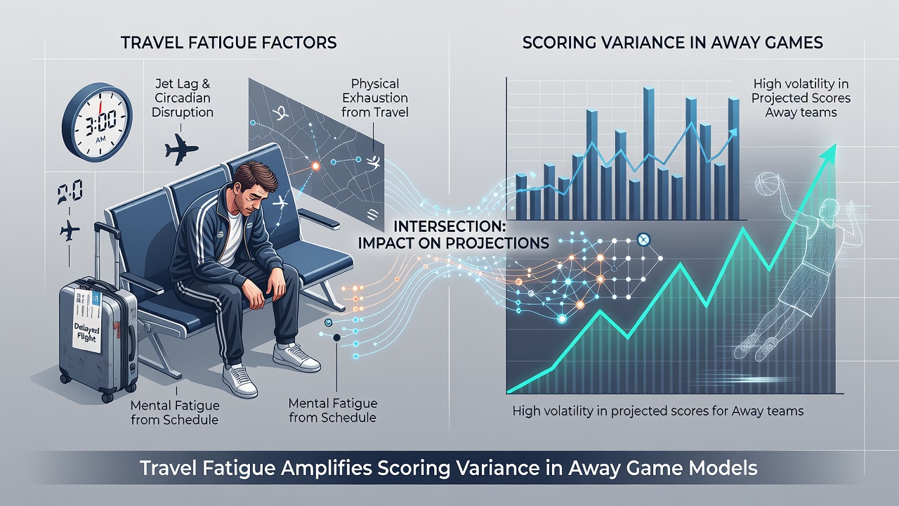 Data charts showing scoring variance in away games linked to travel fatigue