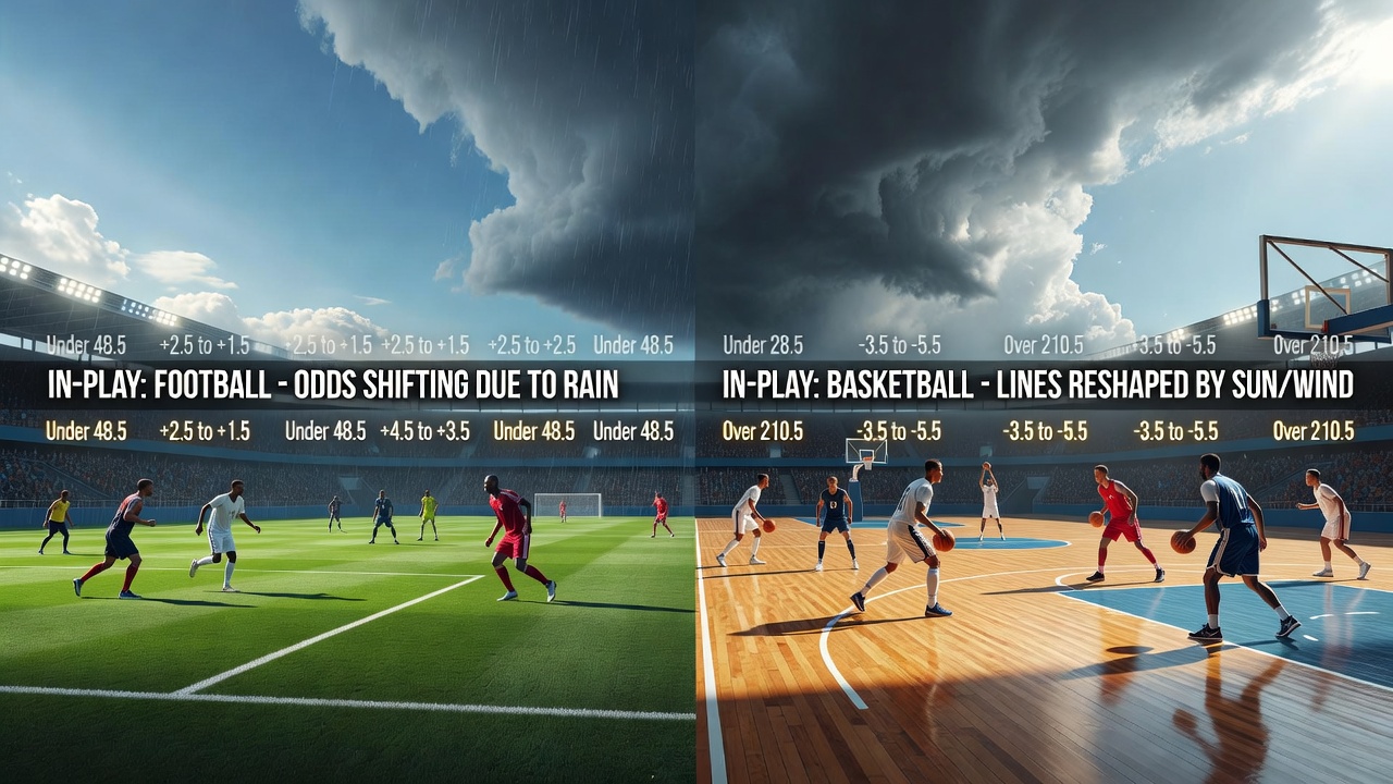 Weather patterns shifting across an open football stadium during an active match
