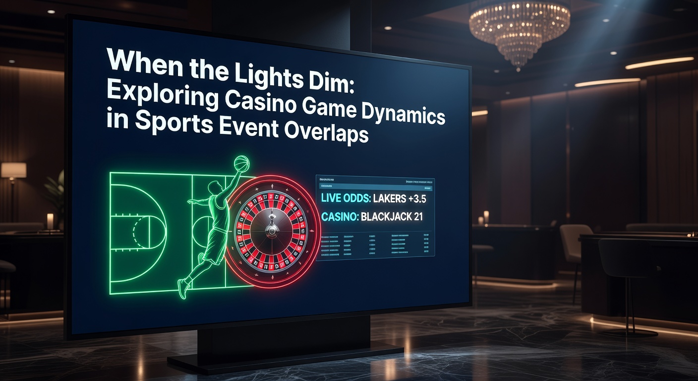 Casino floor with dimmed lights during a major sports event broadcast, showing players shifting attention between table games and overhead screens